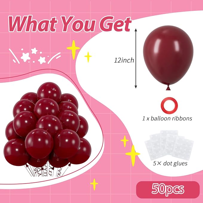 50pcs Burgundy Balloons, 12inch Matte Burgundy Red Balloons | Balloons - Image 2