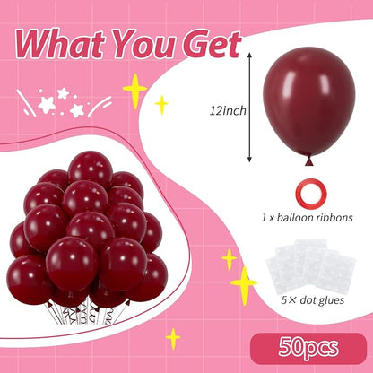 50pcs Burgundy Balloons, 12inch Matte Burgundy Red Balloons | Balloons - Image 2