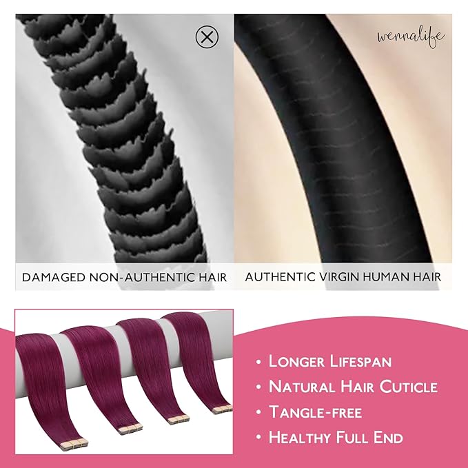 WENNALIFE Tape in Hair Extensions Human Hair Light Burgundy Tape in Extensions, 10pcs 20g 10 inch Remy Invisible Tape Ins Straight Colored Soft Real Human Hair Tape in Extensions Refill Set Extensions