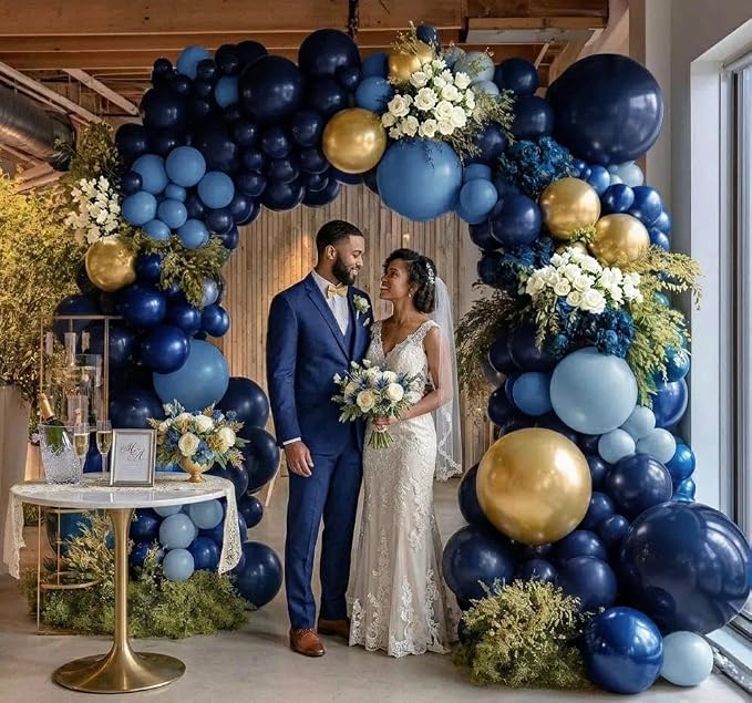 Navy Blue Gold Balloon Arch Kit, Double Stuffed Royal Pastel Blue Balloon - Image 5