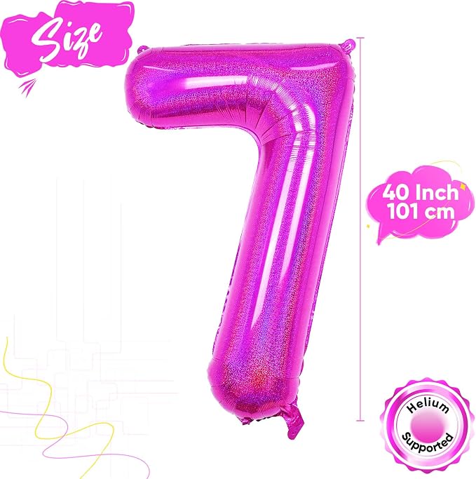 Hot Pink 7 Balloon, 40 Inch Large Laser Hot Pink Foil Helium Number Balloons 0-9 - Image 2