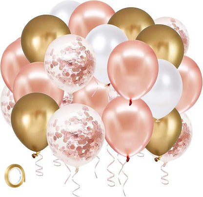 Rose Gold Confetti Latex Balloons, 60 Pack White Balloons 12 Inch by Hiquaty