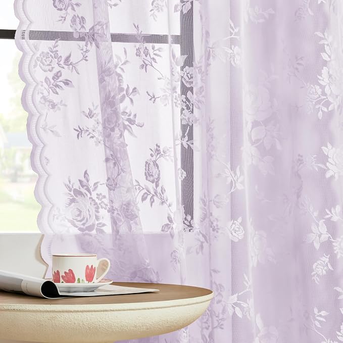 Lilac Lace Curtains Light Purple Lace Curtains 45 Inch Length 2 Panels Romantic - Image 5