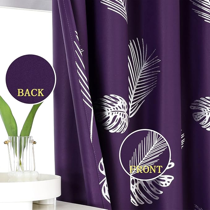 Purple Blackout Curtains for Bedroom, Room Darkening Silver Palm Tree Pattern - Image 3