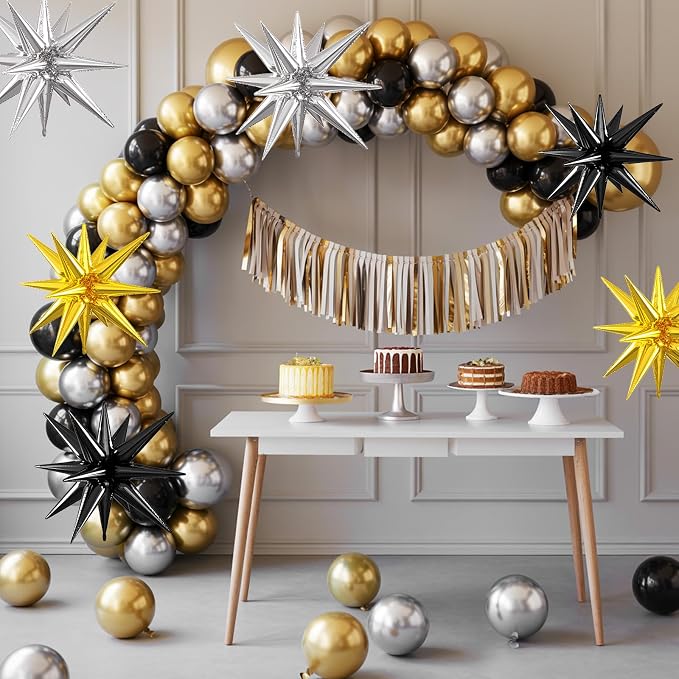 Silver Gold Black Star Balloons, 22/27 Inch Silver Black Gold Star Foil Balloons - Image 5