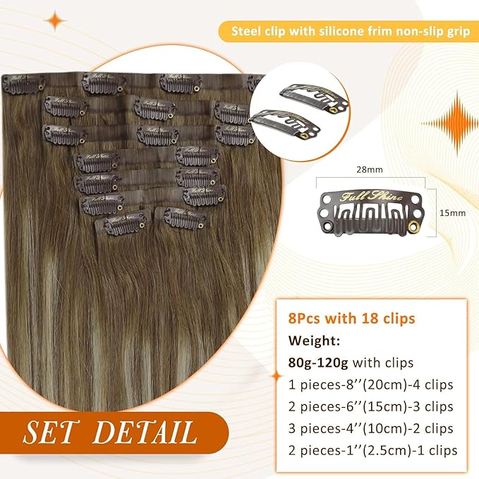 Full Shine Seamless Human Hair Clip in Extensions 22 Inch Light Brown Balayage Blonde Invisible Hair Extensions with PU Weft Seamless Clip ins 8 Pcs 120 G