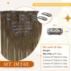 Full Shine Brown Seamless Hair Extensions Clip ins Balayage Chestnut Brown to Platinum Blonde Human Hair Clip in Extensions for Woman Washability 14 Inch 8 PCS 120 G