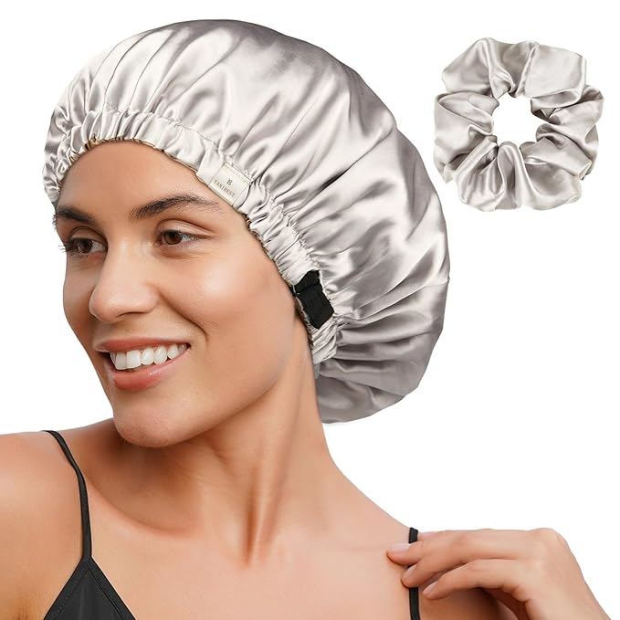 YANIBEST Adjustable Satin Bonnet Double Layer Hair Bonnet for Sleeping Bonnets for Women Hats Curly Natural Hair, Ash Grey