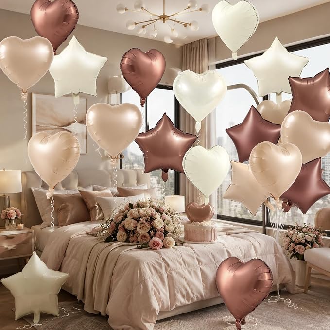 TONIFUL 18 Inch Cream Brown Star and Heart Foil Balloons - Image 6