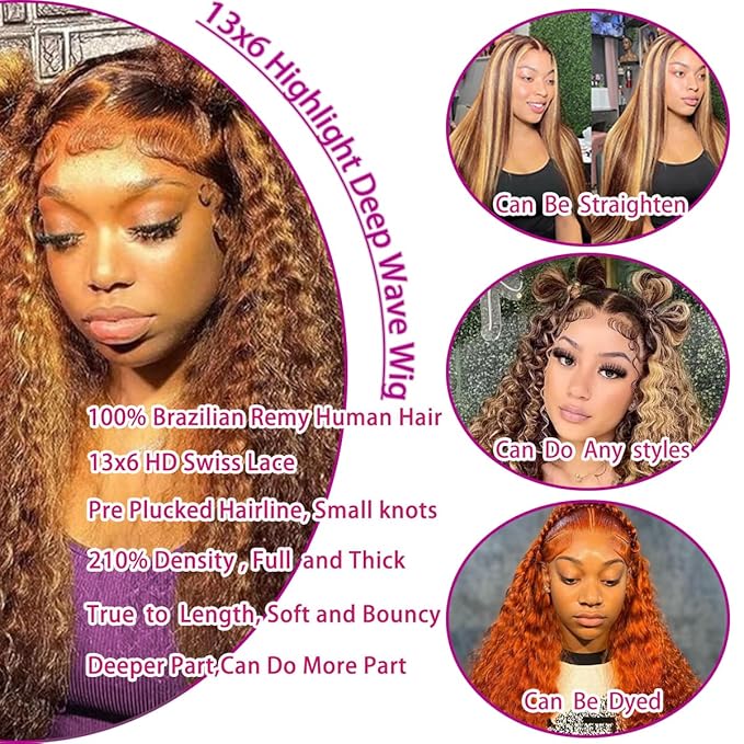 P4/27 Highlight Curly Human Hair Wig 13x6 Ombre Deep Wave Lace Front Wig Human Hair Pre Plucked 210% Density Honey Blonde Deep Wave Wigs for Women Glueless HD Lace Frontal Wig 26 Inch
