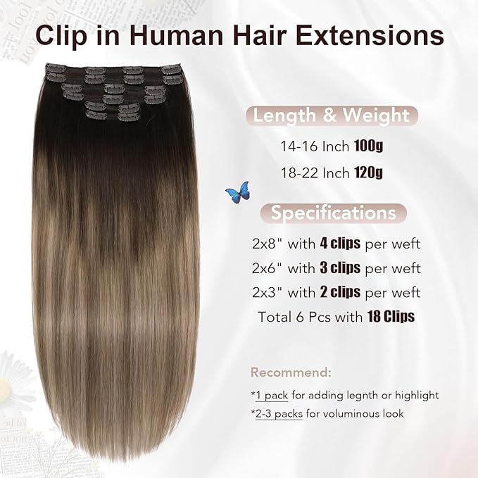 XDhair Human Hair Clip in Extensions 100g 6pcs Balayage Clip in Hair Extension Ombre Hair Extensions Clip ins Dark Brown to Dirty Blonde 14 Inch #2/6/18