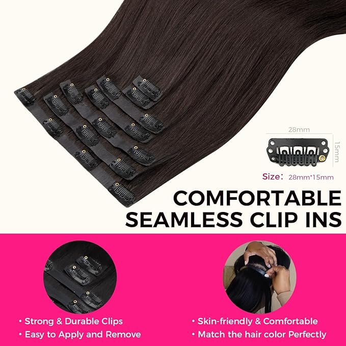 Lashey Seamless Clip in Hair Extensions Human Hair 110g 7pcs #2 Dark Brown Light Yaki Straight 22 Inch Remy Human Hair Clip in Extensions for Women