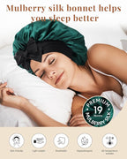 AWAYTR Silk Bonnet for Sleeping Women 100% Mulberry Silk Bonnet with Band 2 Layer Reversible Hair Bonnet Sleeping Hair Wrap (Silk, Black/Green)