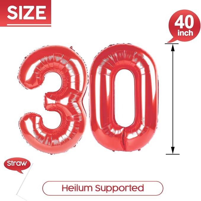 30 Balloon - Red Birthday Number Balloons, 40 Inch Decorations Men Women | Red - Image 5