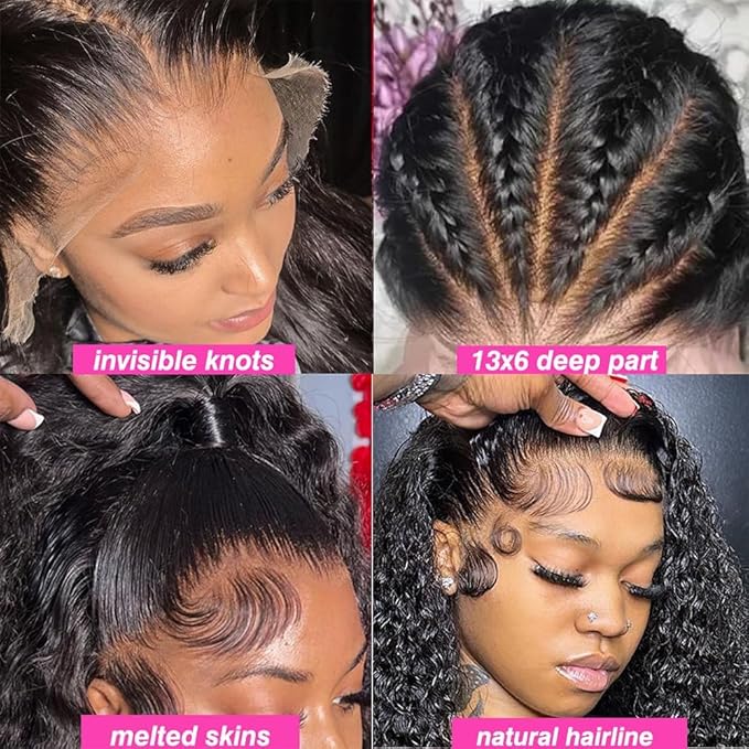 VIPbeauty 13x6 Deep Wave Lace Front Wigs Human Hair 200 Density 24 Inch Curly Wig for Women Natural Black HD Transparent Lace Glueless Frontal Wigs Human Hair Pre Plucked with Baby Hair