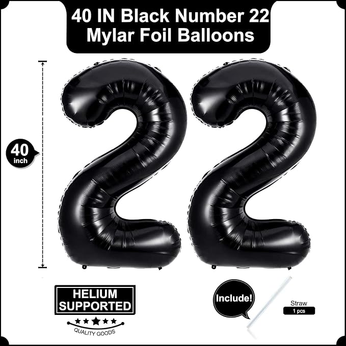 40 Inch Black 22 Balloons Giant Number 22 Balloons Black 22 Birthday Balloons - Image 2