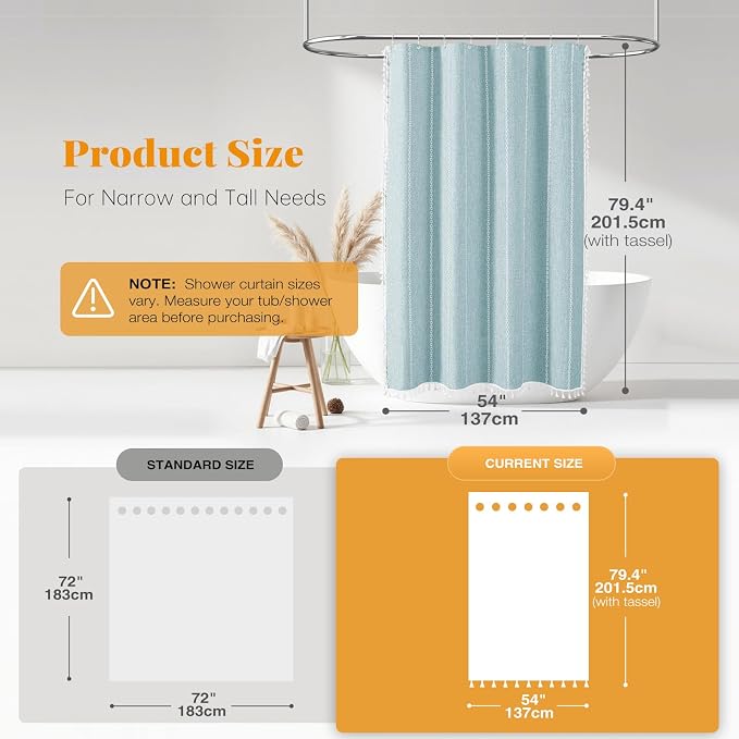 54x78 Boho Farmhouse Linen Heavy Duty Shower Curtain Set, Fog Blue | Narrow - Image 3