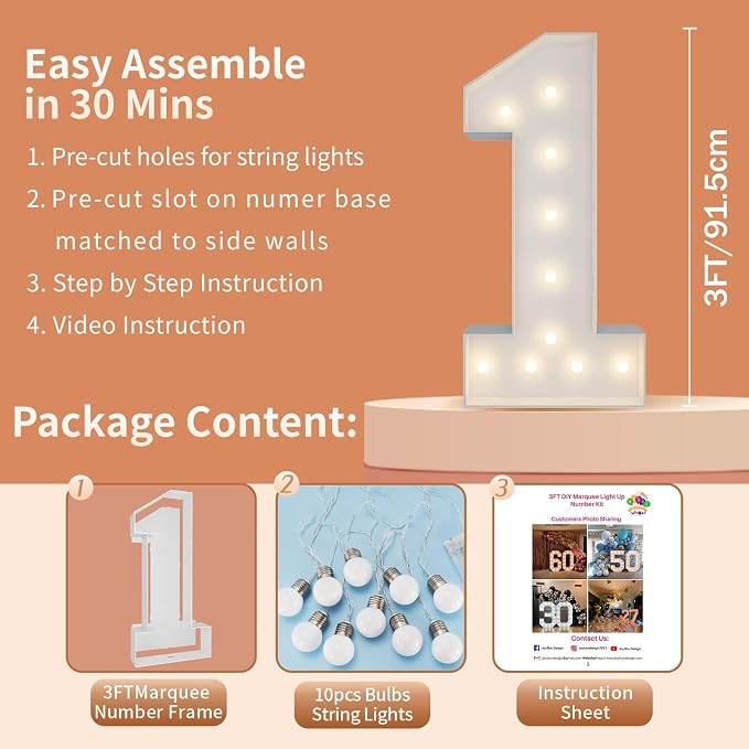 3FT Light Up Numbers Letters, DIY Giant Marquee Numbers, Mosaic Balloon Number 1 - Image 5