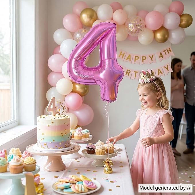 Pink Number 4 Balloon 40 Inch, Shiny Foil Numeral Birthday Party Supplies | - Image 2