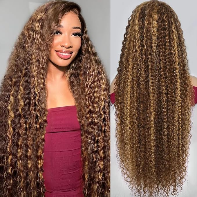 32 Inch Highlight Ombre Human Hair Wigs 13x6 HD Honey Blonde Deep Wave Lace Front Wigs Human Hair 180 Density Glueless Deep Wave 4/27 Colored Wet and Wavy Curly Wig Pre Plucked for Women