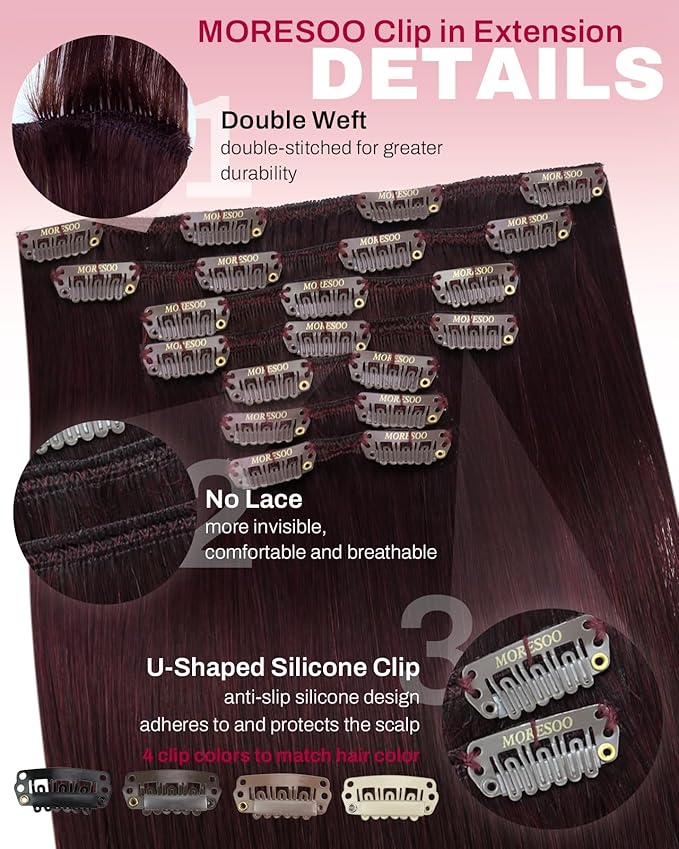 Moresoo Burgundy Clip in Hair Extensions Red Human Hair Clip in Extensions 20 inch Dark Red Remy 150g/7pcs 20 inch