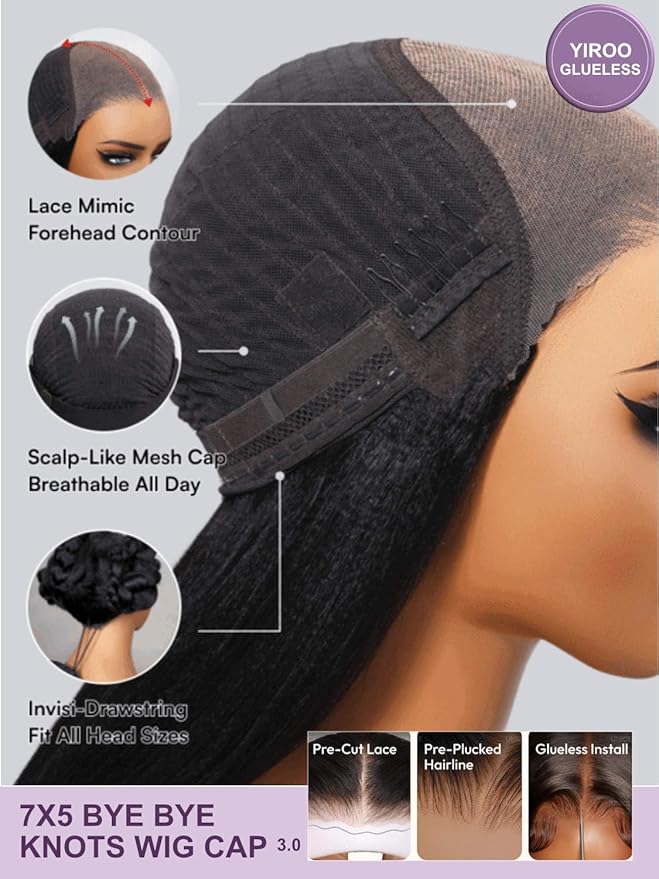 YIROO Bye Bye Knots 7x5 Lace Straight Bob Wig Glueless Human Hair Wig with Elastic Drawstring,Pre Plucked Pre Cut Short Bob Lace Closure Wig Wear and Go Natural Color 150% Density 14Inch