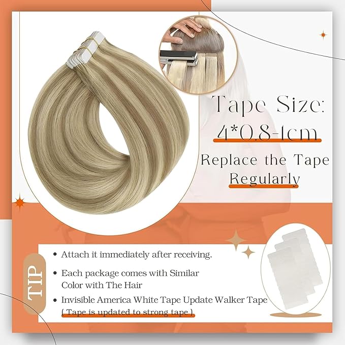 Full Shine Tape in Extensions Human Hair 18 Inch Blonde Hair Extensions Tape Real Human Hair Color 16 Highlighted 22 Invisible Skin Weft Tape ins Remy Extensions 50g 20 Pcs Seamless Extension