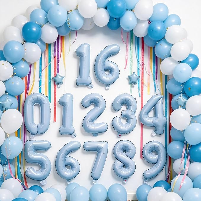 2 Set 20 Pcs Baby Blue Number Balloons 0-9 Number 16 Inch Mylar Foil Balloons - Image 8