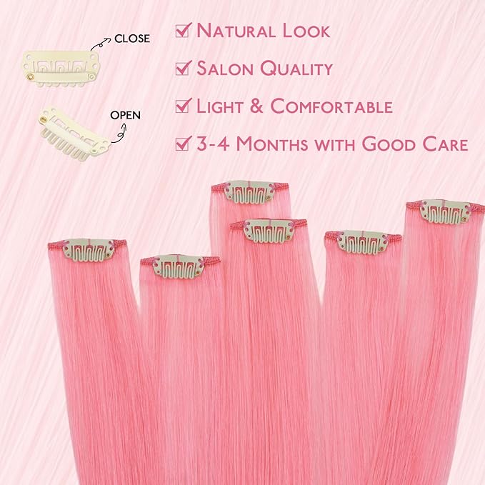 WENNALIFE Peach Pink Clip in Hair Extensions Real Human Hair 35g 6pcs 14 Inch Colored Hair Extensions for Kids Women Colorful Hair Pieces Pop-up Style Straight Extensiones De Cabello Humano Con Clip
