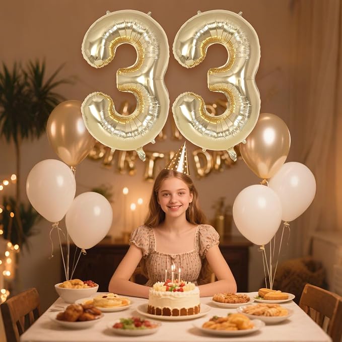 Champagne Gold Large Number 33 Balloon, 40 Inch Light Gold Foil Helium Number - Image 4