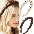 Non Slip Headbands with Teeth, Pleated Polyester Comb Hair Bands for Women, 2 Pack (Brown, Beige)