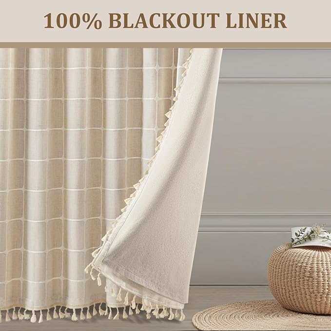 Boho Blackout Plaid Curtains 84 Inch Drapes Linen Blend 2 Panels | Vintage - Image 3