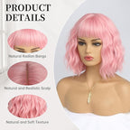 Short Pink Wig with Bangs Natural Looking Hair Wigs for Women Pink Wavy Medium Length Heat-Resistant Synthetic Fiber Hair Water Wave Bob Wig Colorful（14 Inches）