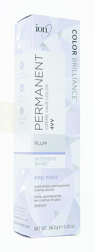 ion Permanent Creme Hair Color 4VV Plum, Vegan, Cruelty Free, PPD Free, 100% Gray Coverage, LongLasting, FadeResistant Color, 2.05 oz