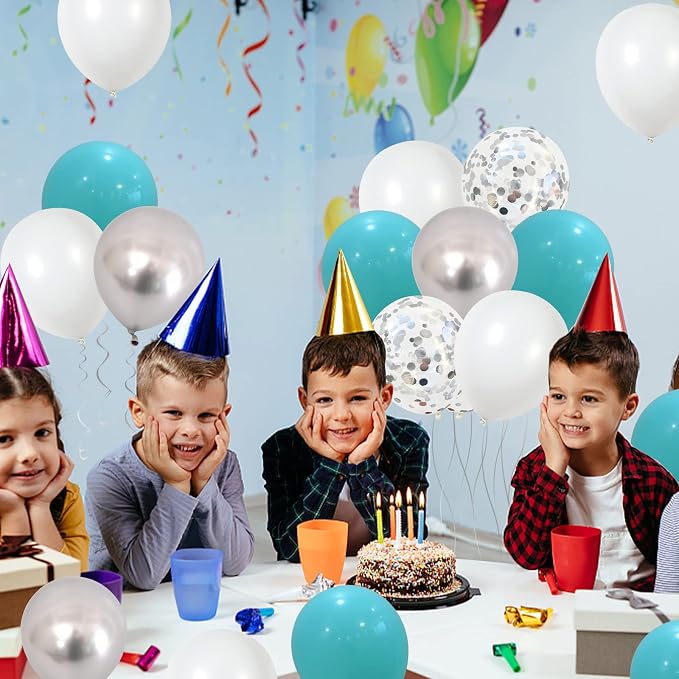 Balloons Teal Blue White Silver 12inch Mettalic Chrome Silver Confetti Balloon - Image 5