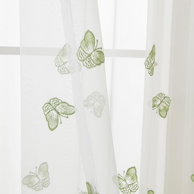 White Sheer Voile Curtains Green Embossed Butterflies 63 Inches | Light - Image 4