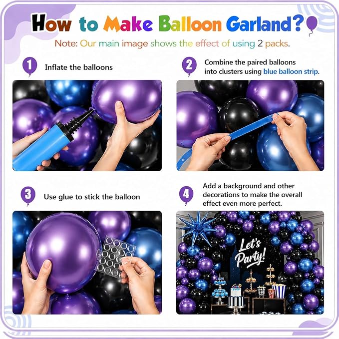 Black Purple Blue Balloon Arch Garland Kit Metallic Latex Foil Balloons | Video - Image 4