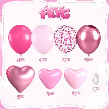 Pink Balloons, 12 Inch Metallic Hot Pink Magenta Pink Heart Balloons - Image 2