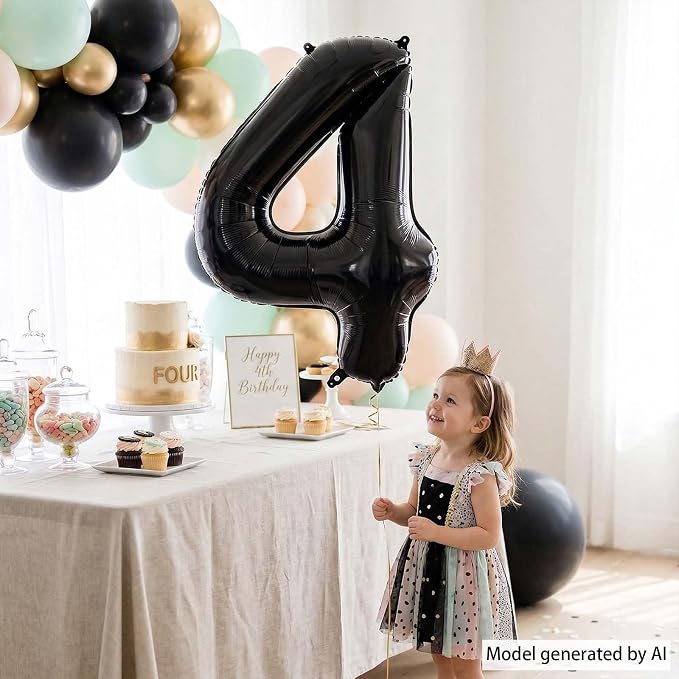 Black Number 4 Balloon 40 Inch, Sharp Metallic Foil Digit Party Supplies | - Image 2