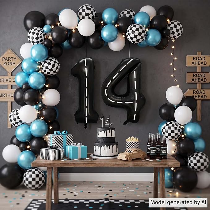 Black and White Stripes Number 14 Balloon 40 Inch, Foil Digits Track Decor | - Image 7
