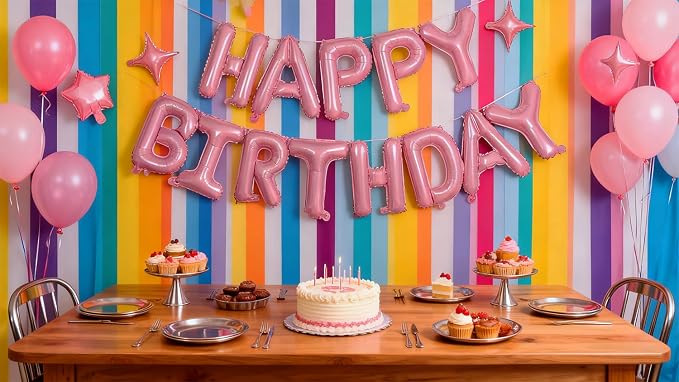 Pink Happy Birthday Balloons Banner Sign Mylar letter Party Decoration | - Image 2