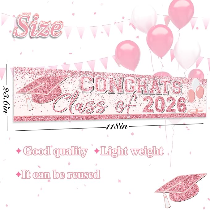 Pink Graduation Party Decorations Class of 2026 Banner Congrats Grad | Rose - Image 3
