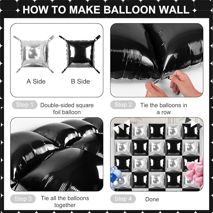 Black and Silver Square Foil Balloons 25 Pcs Metallic Black and Silver Balloons - Image 3
