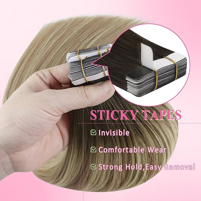 YoungSee Tape in Extensions Real Human Hair Balayage Tape in Hair Extensions Human Hair Brown Balayage Blonde Tape-in Hair Extension Real Human Hair 22In Ombre Tape-in Remy Hair Extension 20pcs 50g