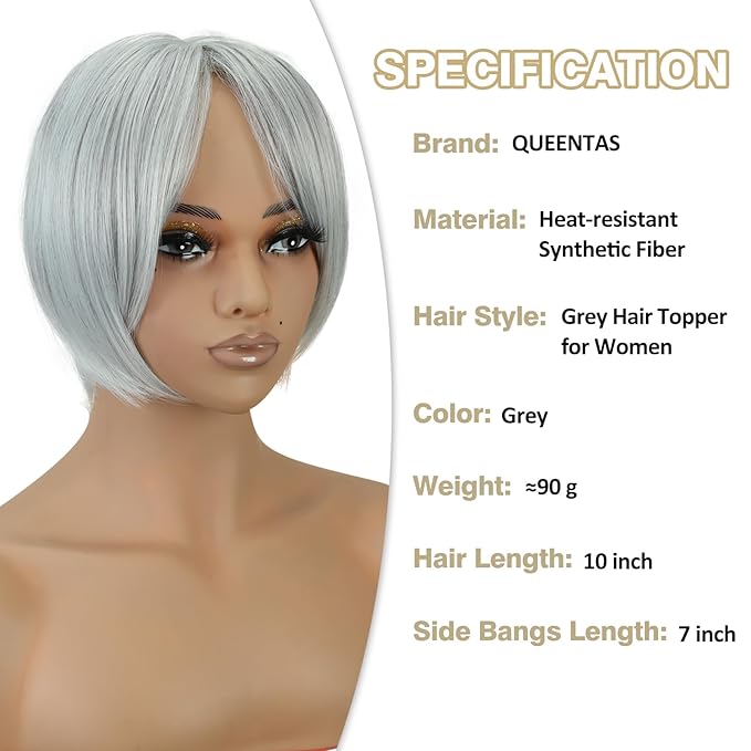 QUEENTAS Grey Hair Topper for Women with Thinning Hair Pieces 6"*6"Large Coverage 360°3D Cover Silver Synthetic Short Bob with 5 Clips in Wiglets(Gray)