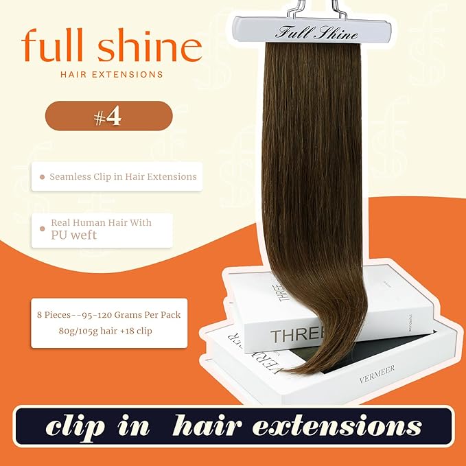 Full Shine Seamless Clip in Hair Extensions Human Hair Medium Brown Hair Extension Clip ins Straight PU Weft for Short Hair Ease of Use 12 Inch 95 Grams 8 PCS