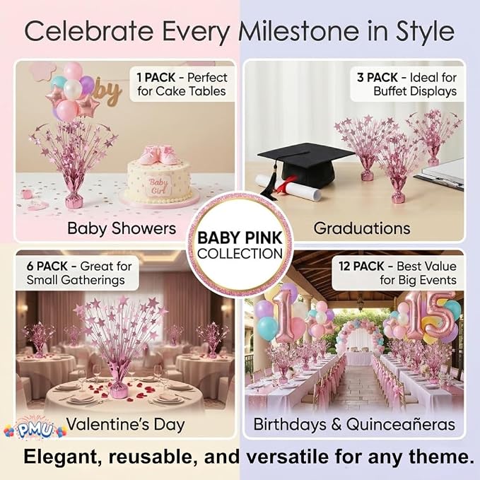 PMU 3 Pack Bursting Star Metallic Foil Spray Centerpiece- Baby Pink Balloon - Image 3