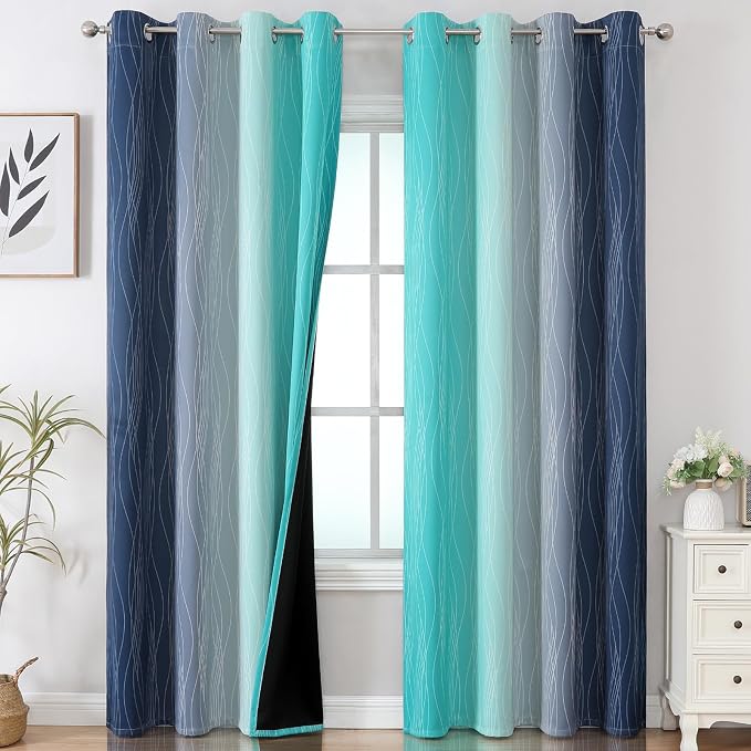 Navy Blue and Teal Ombre Blackout Curtains 90 Inches Long 2 Panels by ESTELARTEXTILER