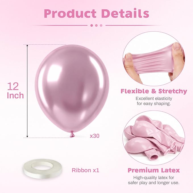 Metallic Pink Balloons, 12 Inch Chrome Light Pink Latex Party Balloons | 30 - Image 2