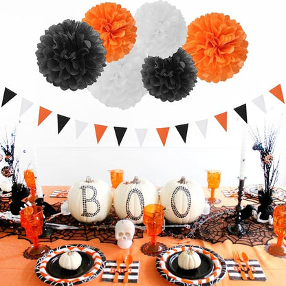 Orange-Black White Party-Decorations Paper-Flowers Lanterns - Image 3